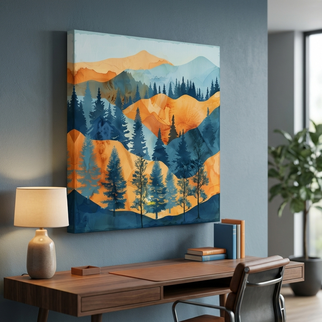 Mockup of Watercolour painting  forest wall art, pine trees, rolling hills and mountains