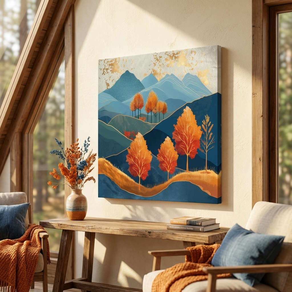 Mockup of Autumn Aspen Trees In Layered Blue Mountains - Modern Gold Leaf Style Wall Art