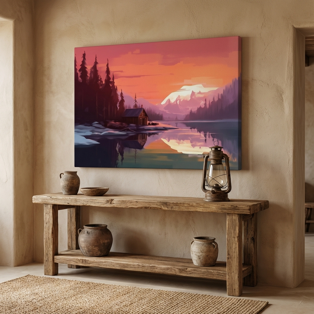 Mockup of Sunset Mountain Lake Cabin Painting - Serene Alpine Landscape Wall Art