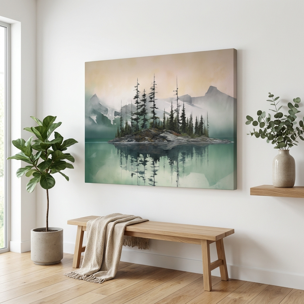 Mockup of Misty Turquoise Alpine Lake Reflection - Serene Watercolor Mountain Landscape Wall Art