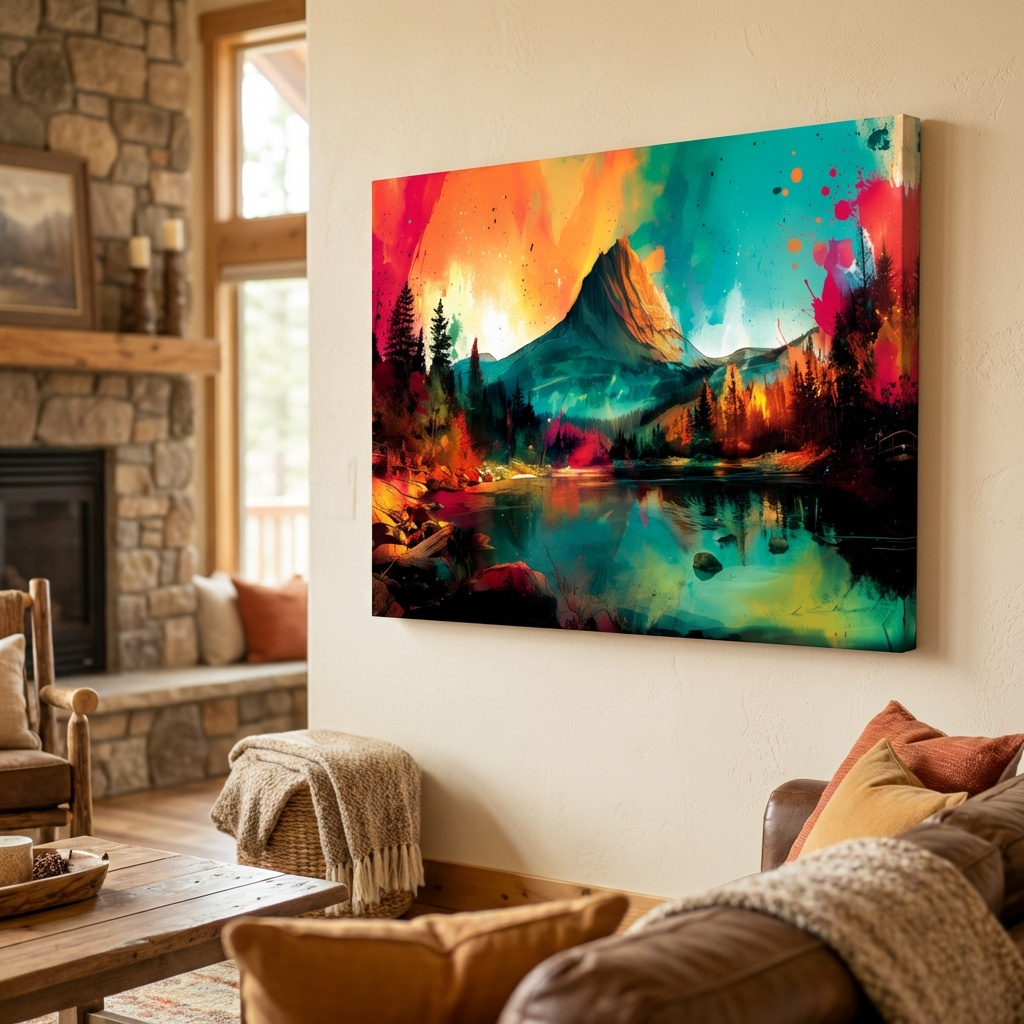 Mockup of Vibrant Abstract Alpine Mountain Sunrise - Colorful Watercolor Style Artwork