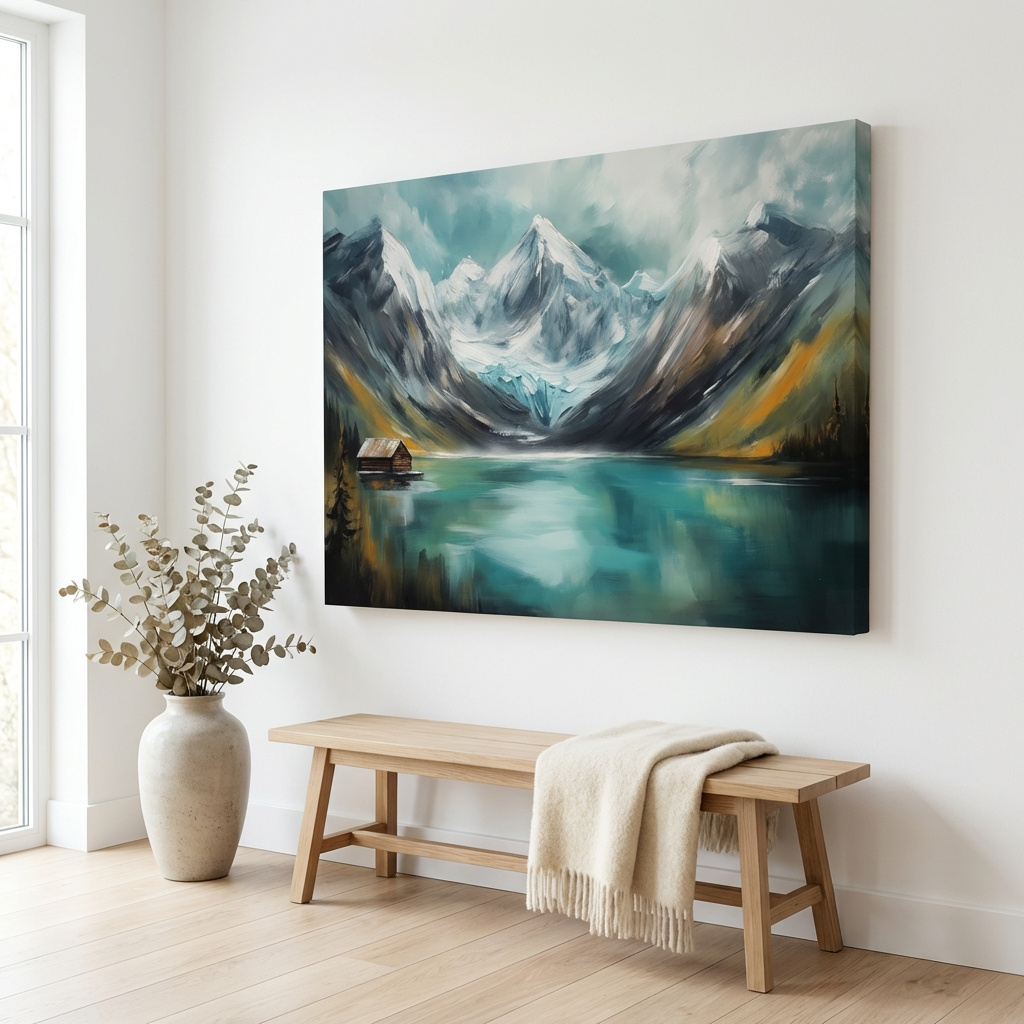 Mockup of Turquoise Alpine Lake Cabin Painting - Snowy Mountain Landscape Wall Art