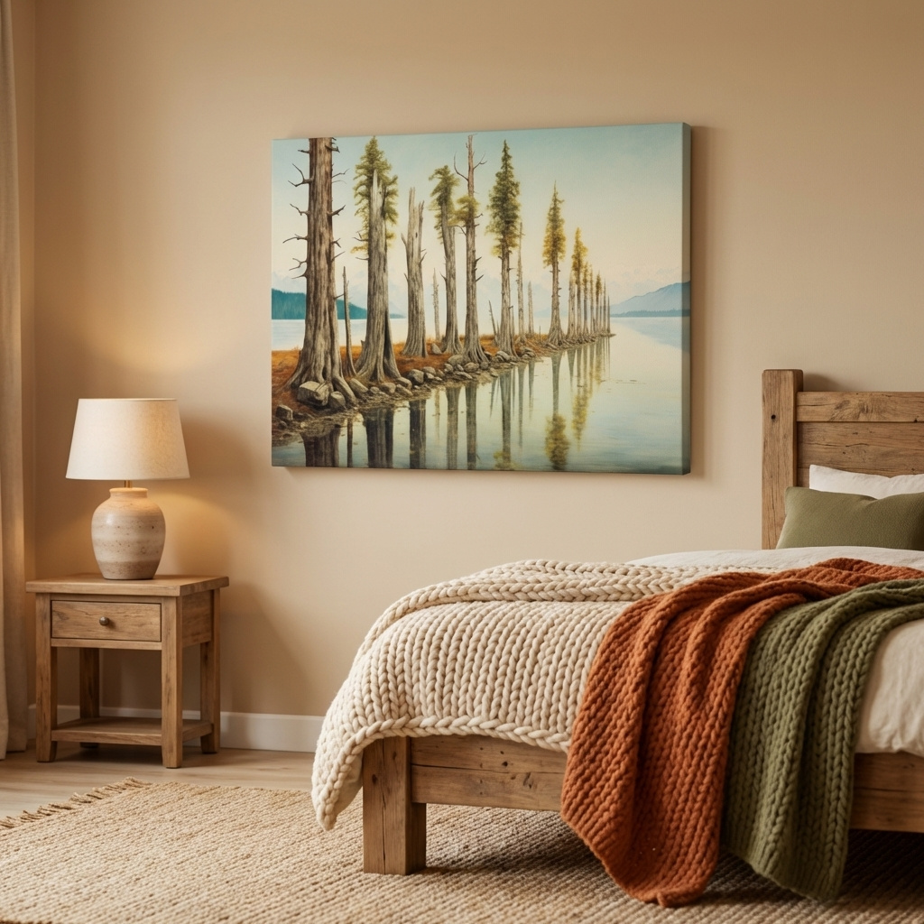 Mockup of Serene Lakeside Pine Forest Reflections - Watercolor Landscape Wall Art