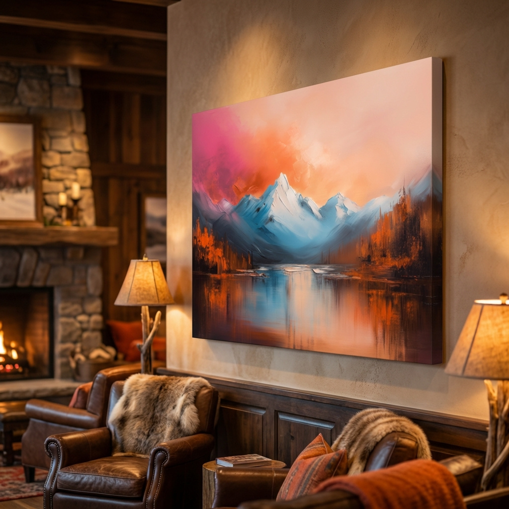 Mockup of Textured Sunset Mountain Lake Painting - Serene Abstract Landscape Wall Art