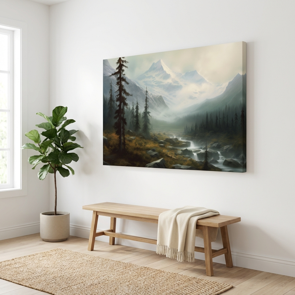 Mockup of Misty Alpine Mountain Valley Painting - Foggy Evergreen Forest Wall Art