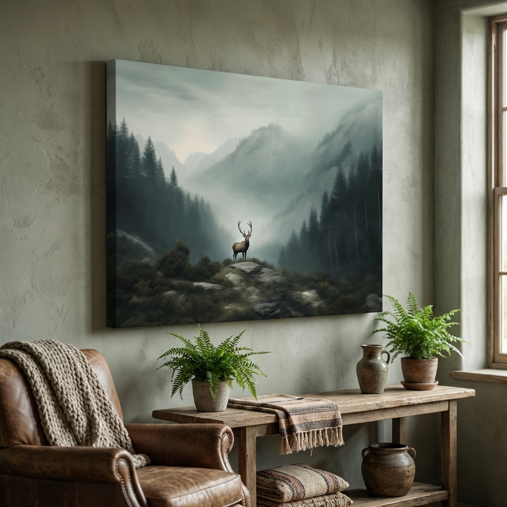 Mockup of Moody Misty Mountain Deer Landscape - Atmospheric Forest Wildlife Wall Art