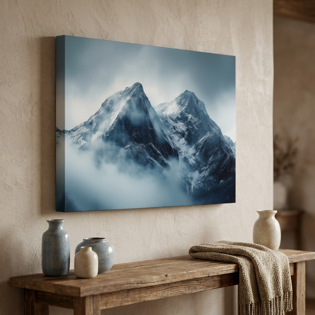 Mockup of Moody Snowcapped Mountain Peaks - Atmospheric Alpine Photographic Wall Art