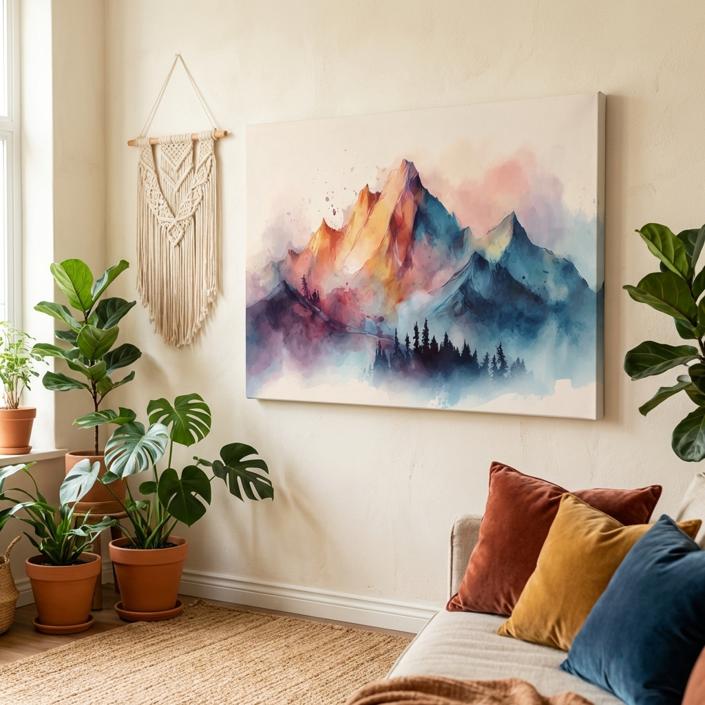 Mockup of Vibrant Watercolor Mountain Peaks - Colorful Misty Alpine Forest Wall Art