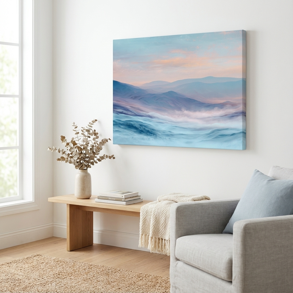 Mockup of Ethereal Pastel Misty Mountain Landscape - Serene Abstract Forest Wall Art