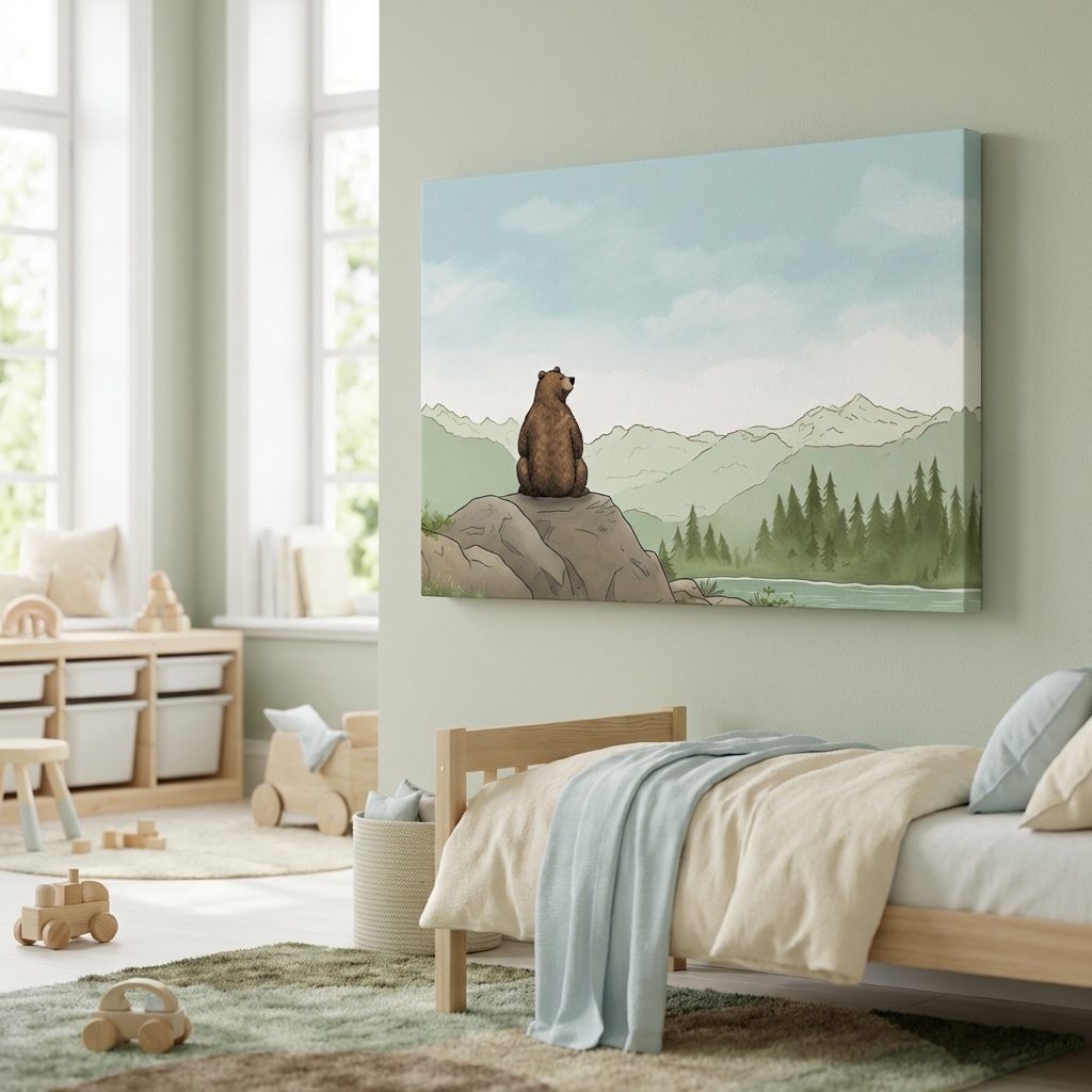 Mockup of Whimsical Bear Overlooking Mountains - Cute Illustrated Nursery Wall Art