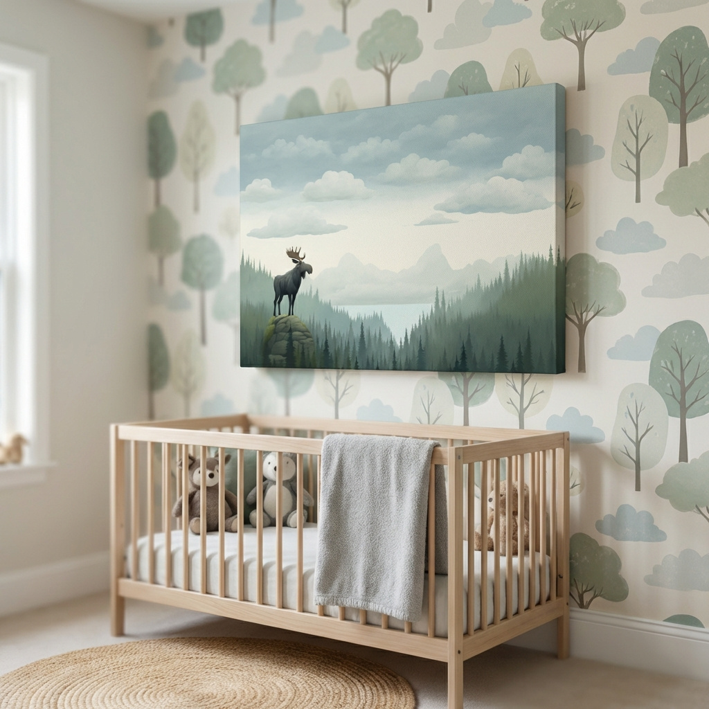 Mockup of Majestic Moose Over Pine Forest - Nursery Wildlife Mountain Wall Art