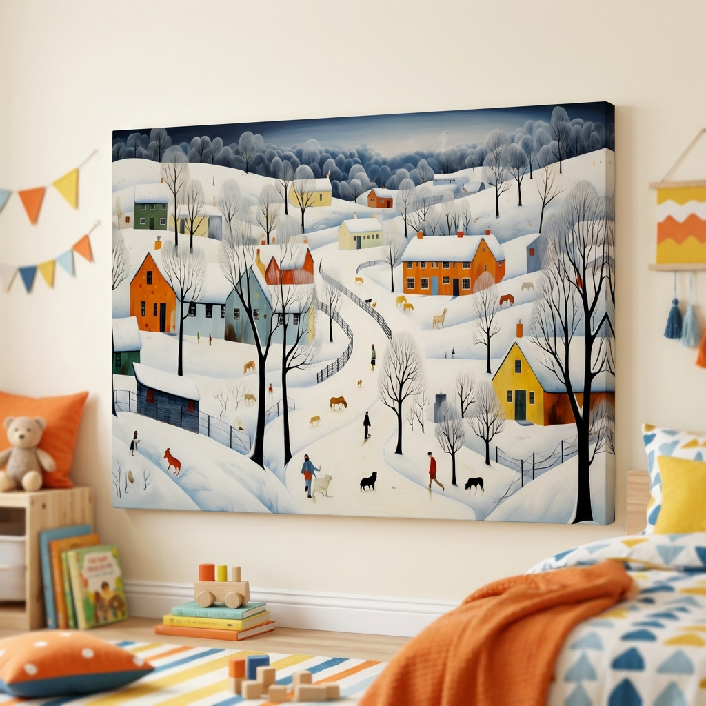 Mockup of Whimsical Snowy Village Winter Landscape Painting - Folk Art Countryside Wall Art