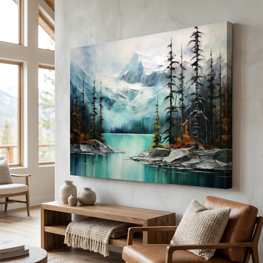 Mockup of Misty Turquoise Mountain Lake Painting - Serene Alpine Forest Landscape Wall Art