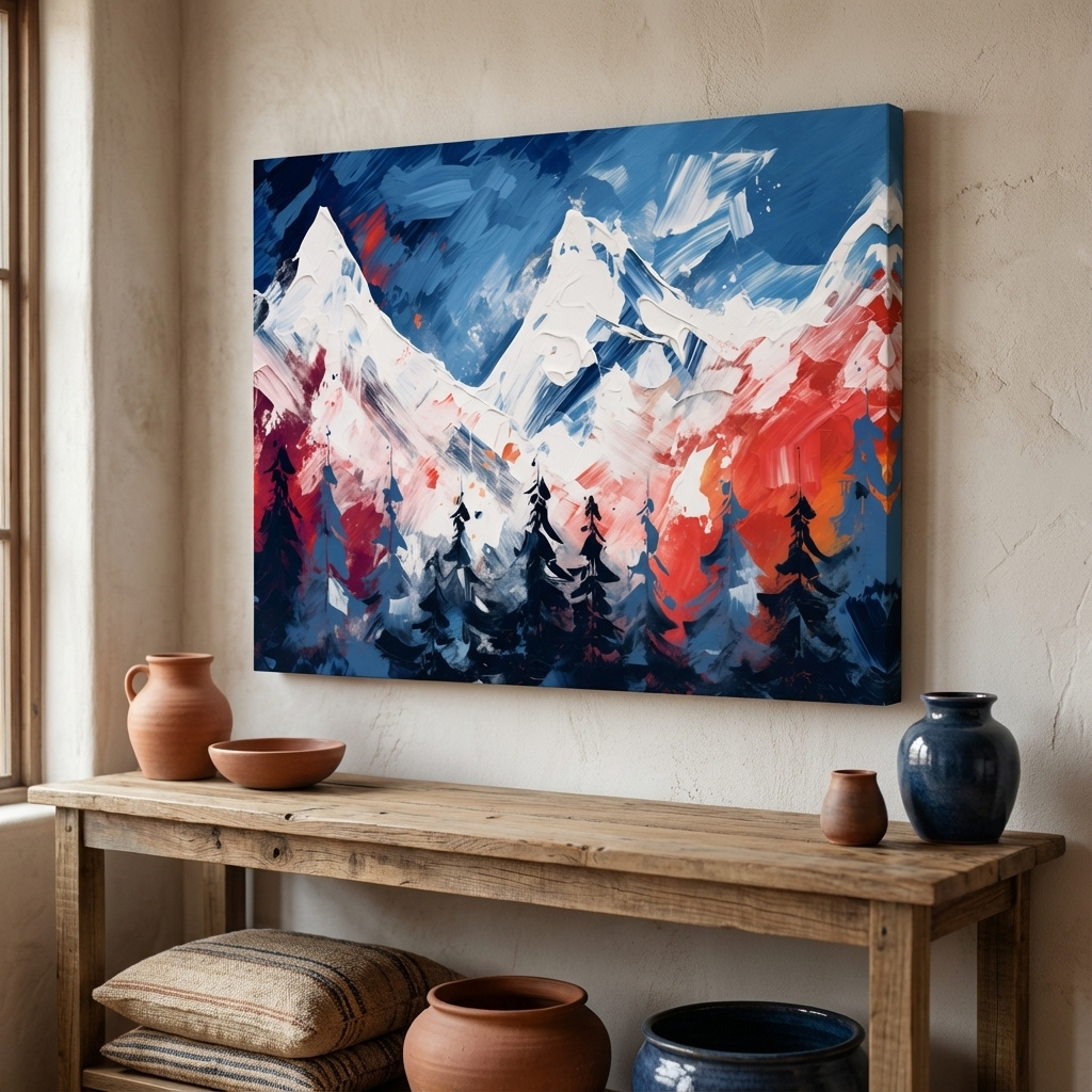 Mockup of Vibrant Abstract Snowcapped Mountain Peaks - Bold Alpine Forest Landscape Art