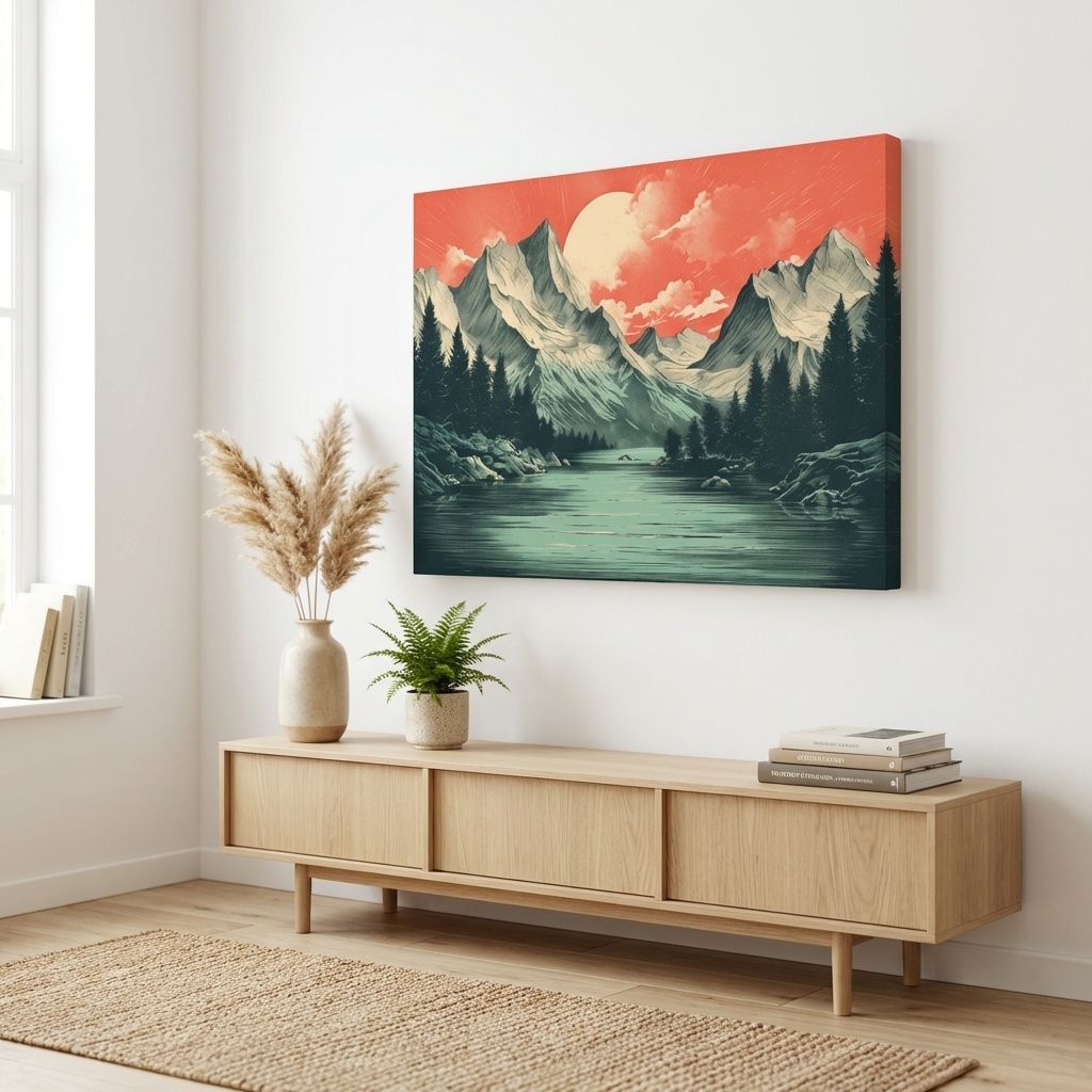 Mockup of Retro Alpine Mountain Lake Sunset - Vintage Risograph Landscape Wall Art