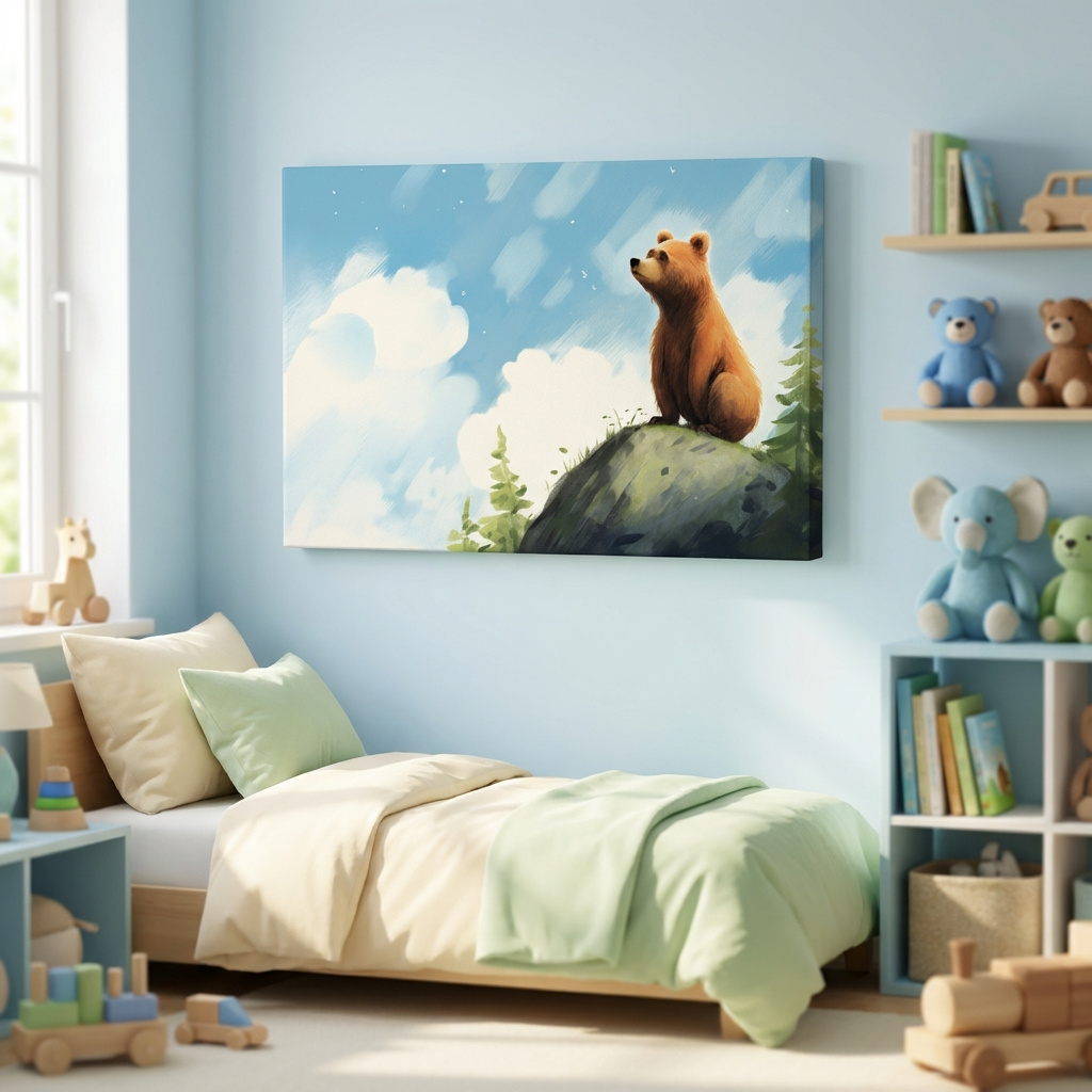 Mockup of Whimsical Bear Cub On Rocky Peak - Nursery Wildlife Wall Art