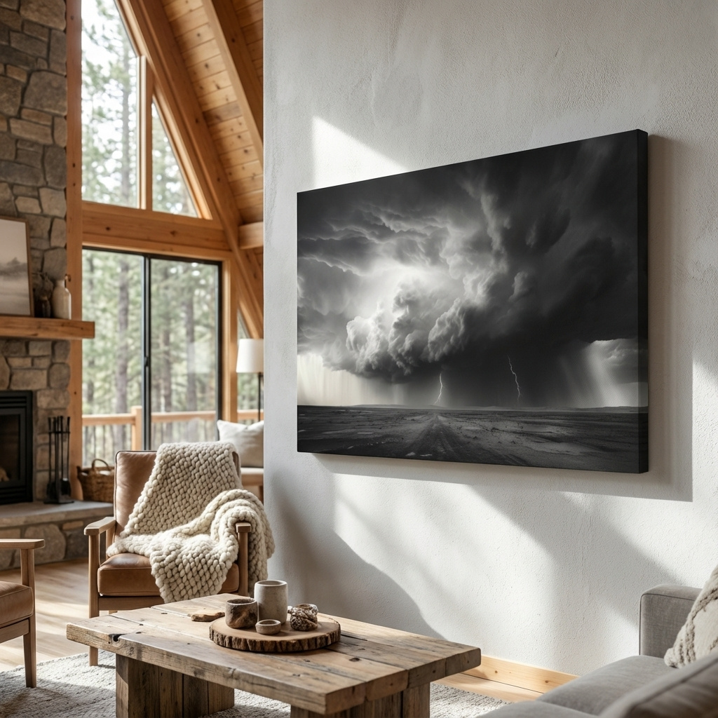 Mockup of Moody Monochrome Thunderstorm Lightning Landscape - Dramatic Storm Cloud Wall Art