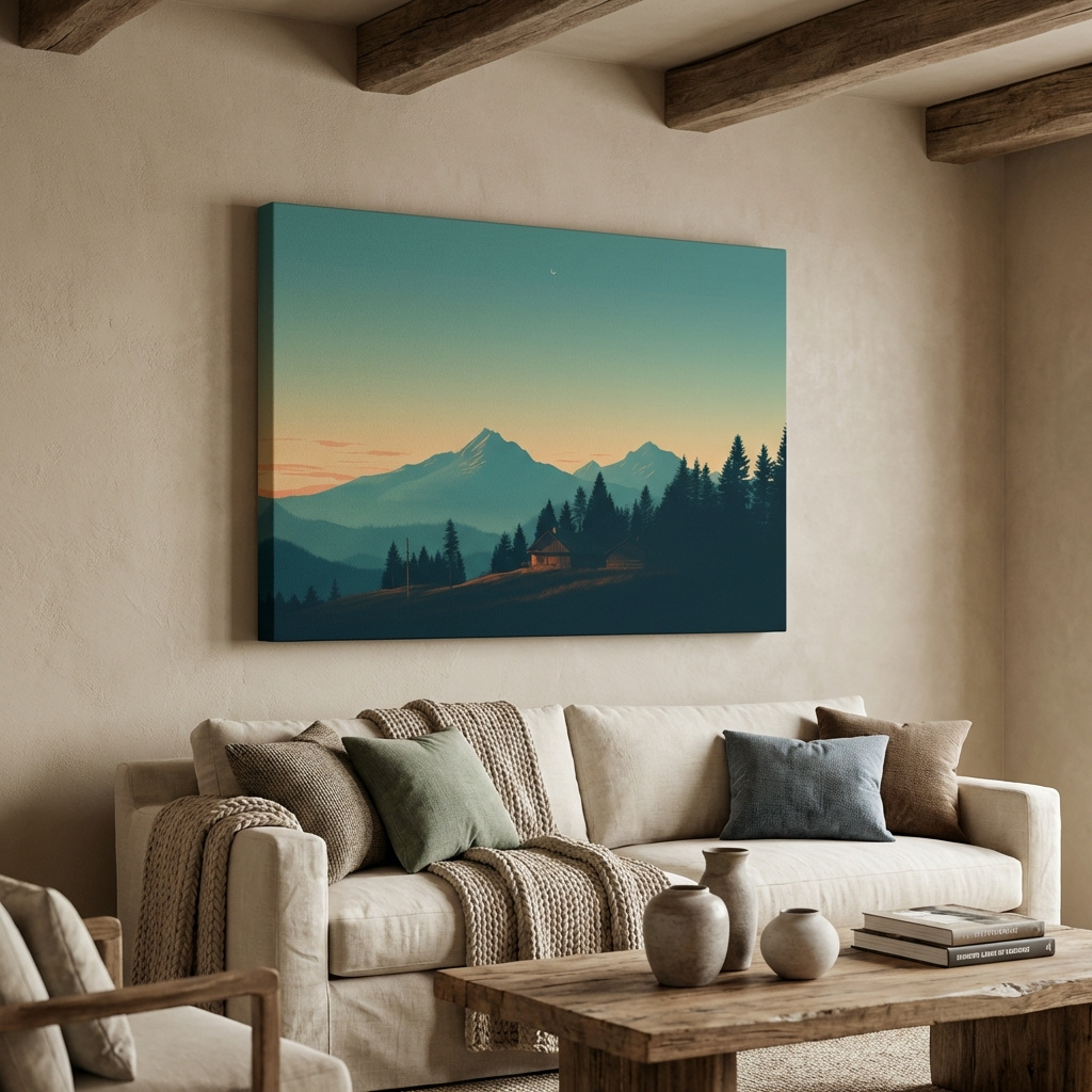 Mockup of Hazy Alpine Cabin Mountain Sunset - Serene Vintage Landscape Wall Art