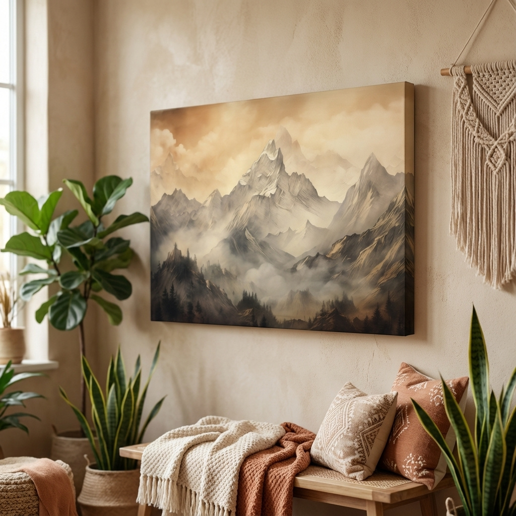 Mockup of Moody Sepia Misty Mountain Peaks - Atmospheric Alpine Landscape Painting Wall Art