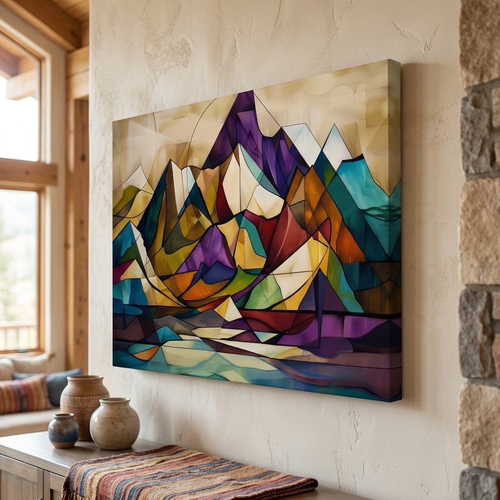 Mockup of Vibrant Leadlight Style Mountain Range Painting - Abstract Colorful Stained Glass Wall Art