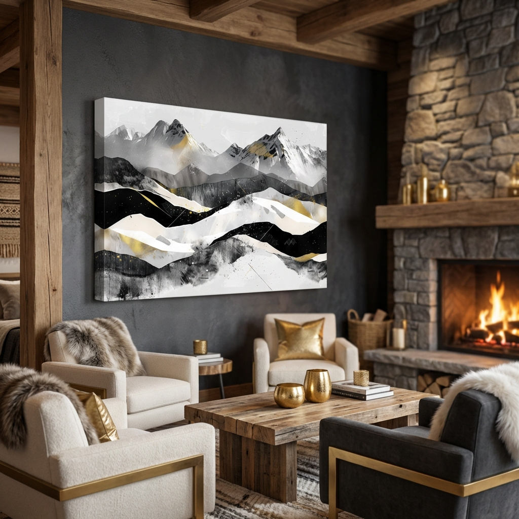 Mockup of Abstract Mountain Range With Gold Accents - Modern Alpine Landscape Wall Art