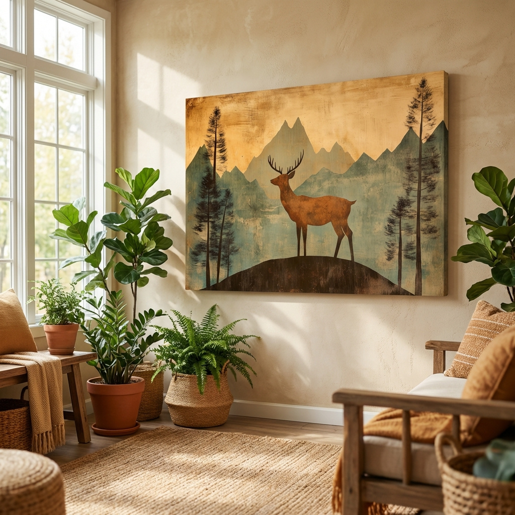 Mockup of Rustic Deer Silhouette Mountain Landscape - Vintage Textured Woodland Wall Art