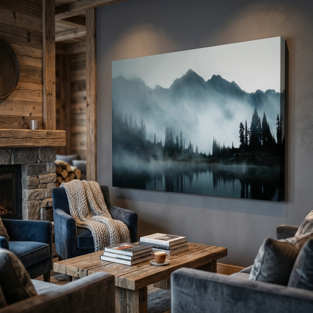 Mockup of Moody Misty Mountain Lake Photography - Atmospheric Alpine Forest Wall Art