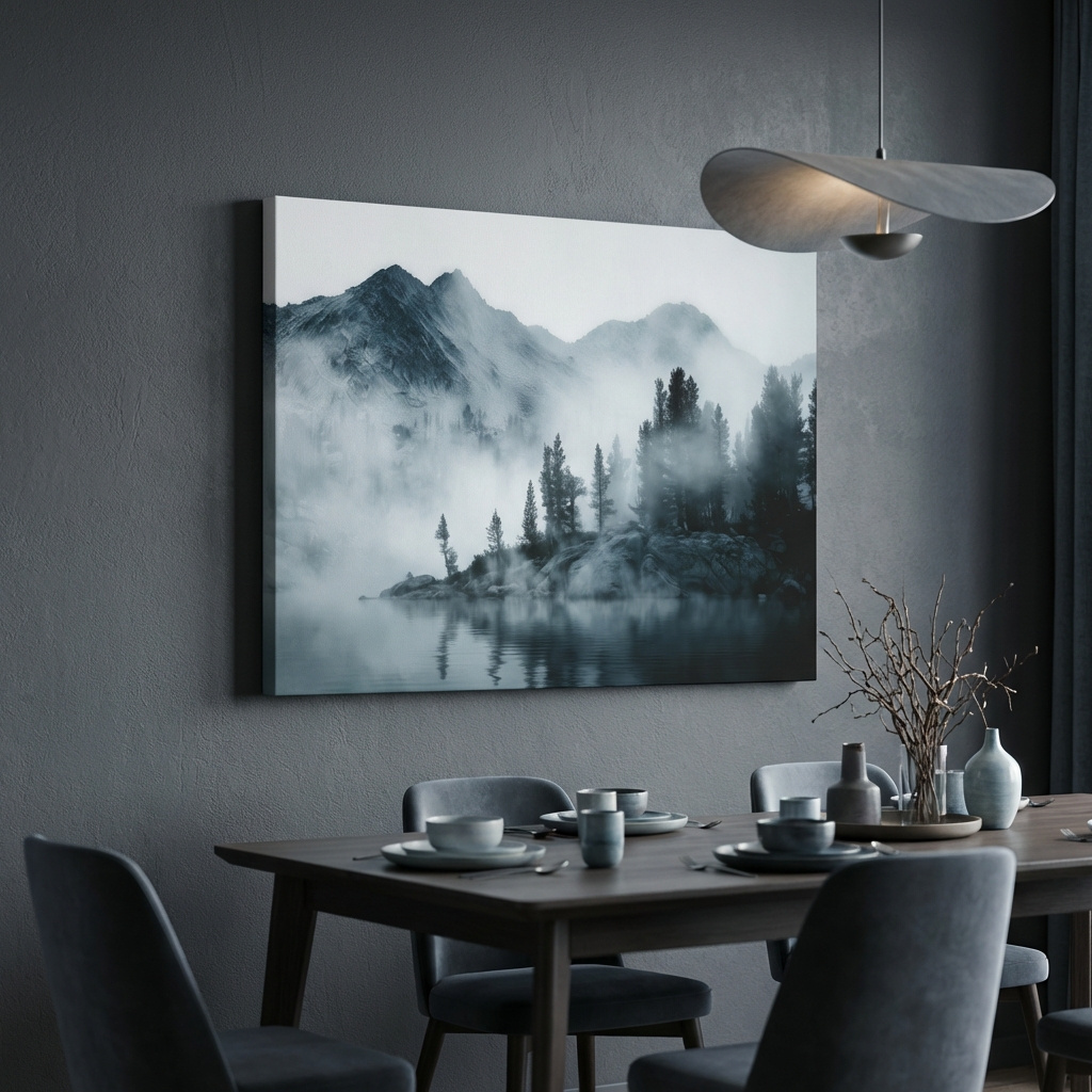 Mockup of Frosty Alpine Mountain Lake Photography - Black & White Landscape Wall Art