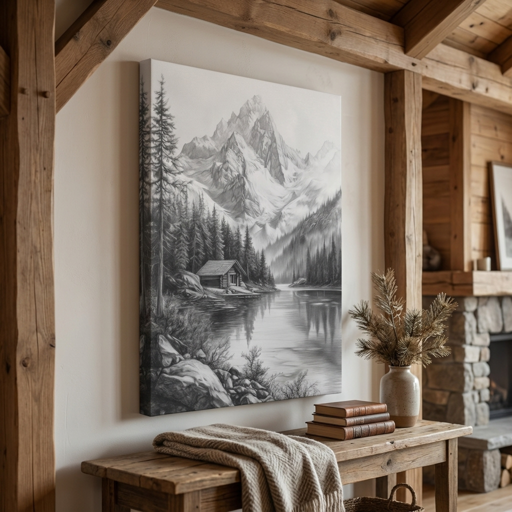 Mockup of Monochrome Alpine Lake Cabin Sketch Art - Mountain Drawing Wall Art