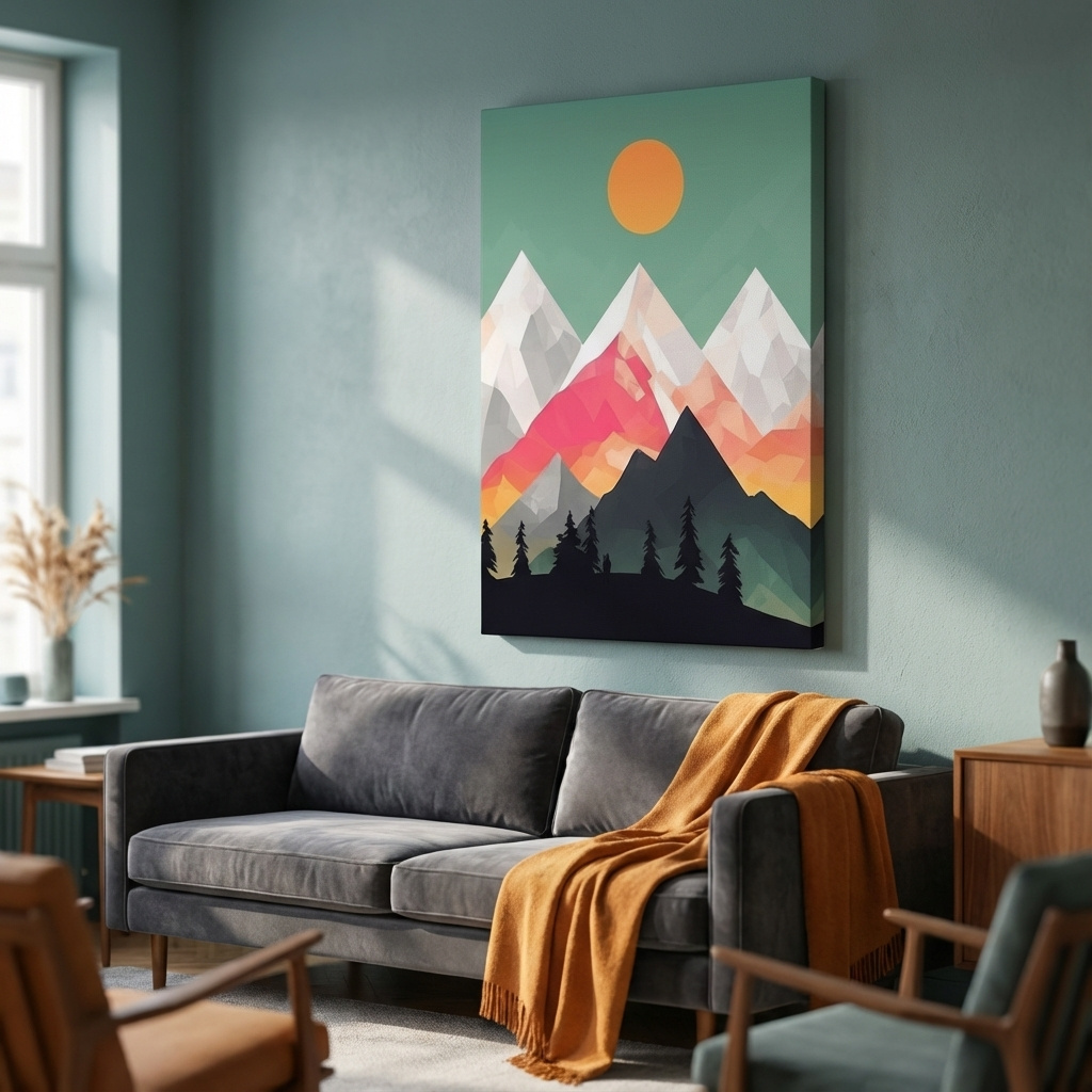 Mockup of Geometric Sunset Mountain Peaks With Pine Silhouettes - Modern Colourful 2D Wall Art