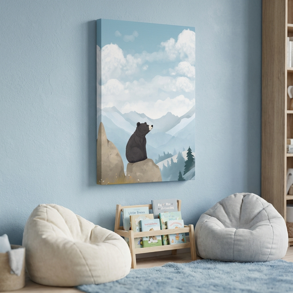Mockup of Whimsical Black Bear Mountain Landscape Illustration - Cute Animal Nursery Wall Art
