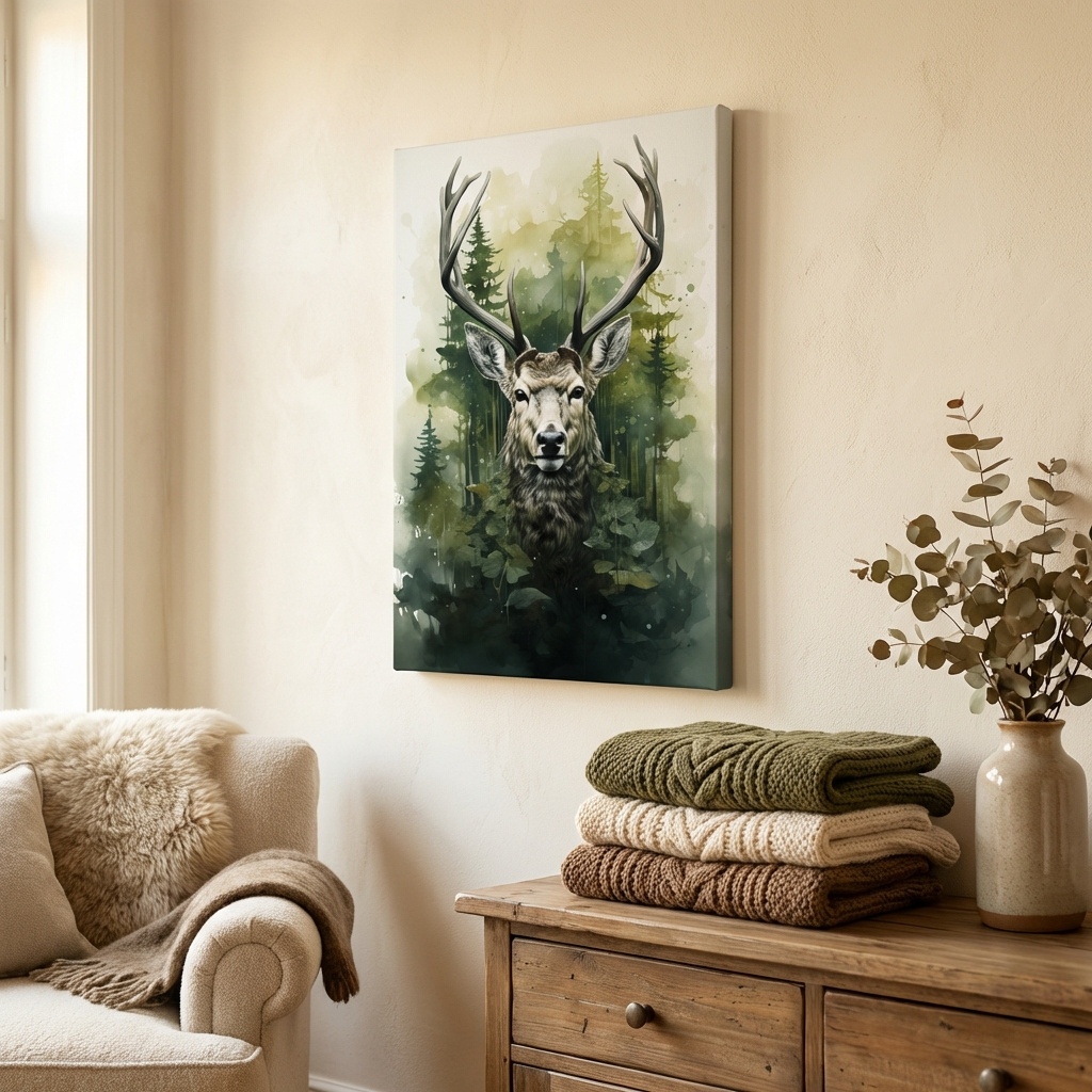 Mockup of Watercolor Deer Portrait In Misty Pine Forest - Woodland Wildlife Wall Art