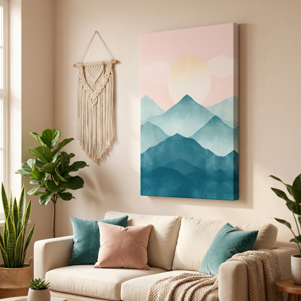 Mockup of Pastel Watercolor Mountain Sunrise - Abstract Landscape Painting