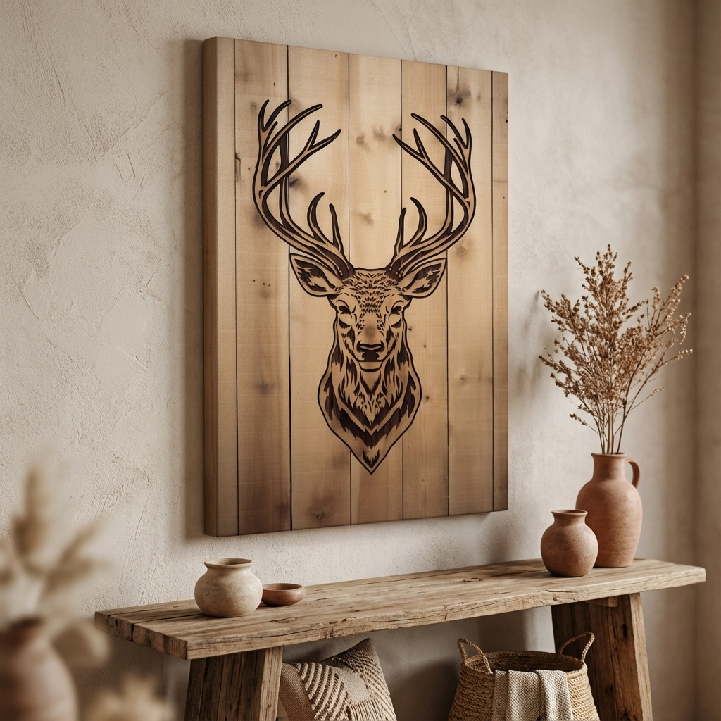 Mockup of Rustic Stag Head Woodburn Illustration - Cabin Lodge Wildlife Wall Art