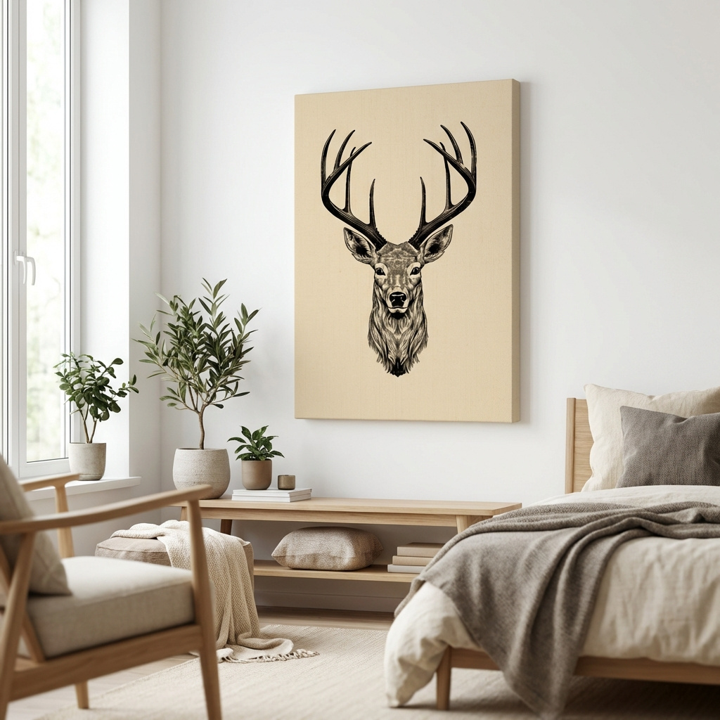 Mockup of Vintage Deer Head Line Drawing Artwork - Minimalist Wildlife Tattoo Wall Art