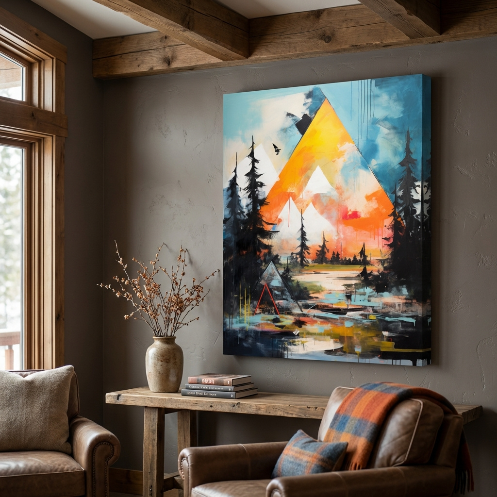 Mockup of Vibrant Abstract Mountain Painting - Modern Geometric Alpine Forest Wall Art