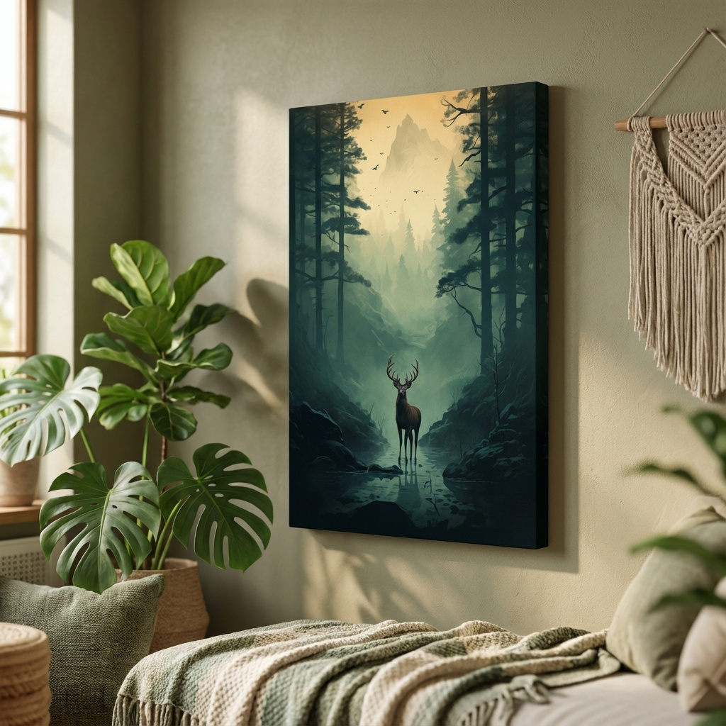 Mockup of Moody Misty Forest Deer Stag Landscape - Atmospheric Wildlife Mountain Wall Art