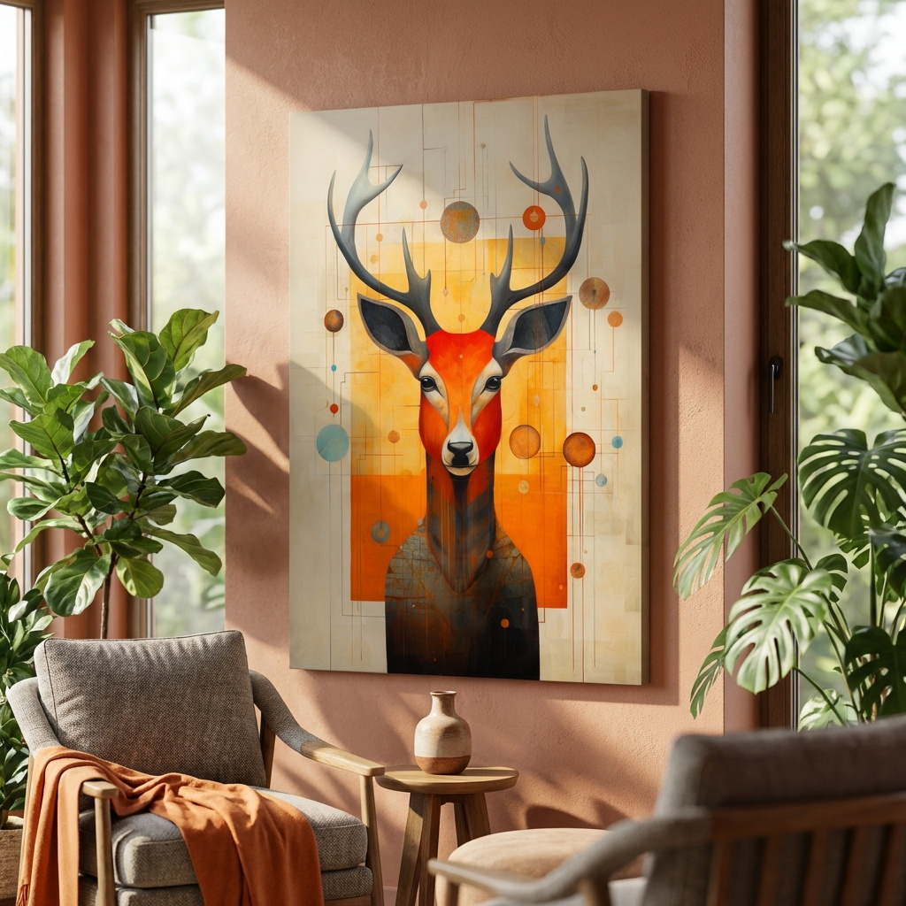 Mockup of Mid Century Abstract Stag Portrait Painting - Quirky Wildlife Wall Art