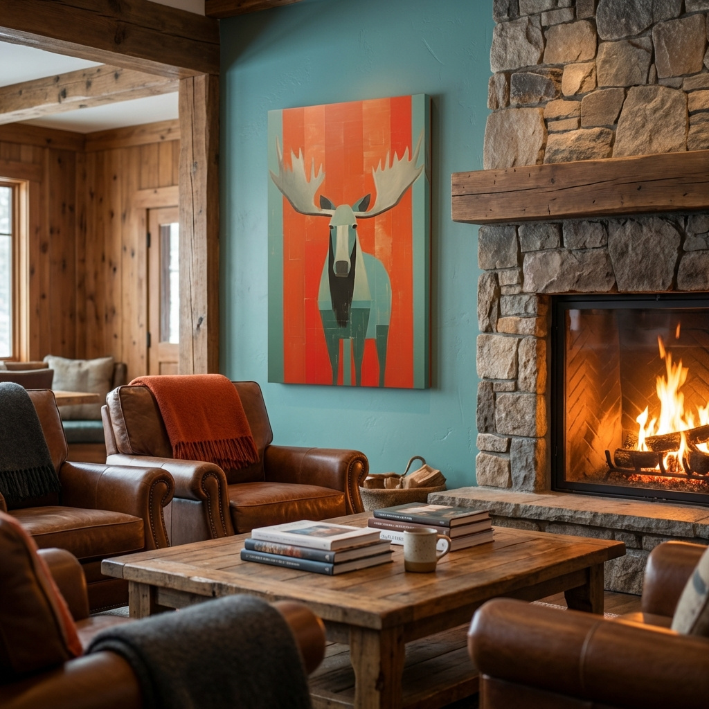 Mockup of Mid Century Modern Rustic Moose Portrait Painting -  Wildlife Wall Art