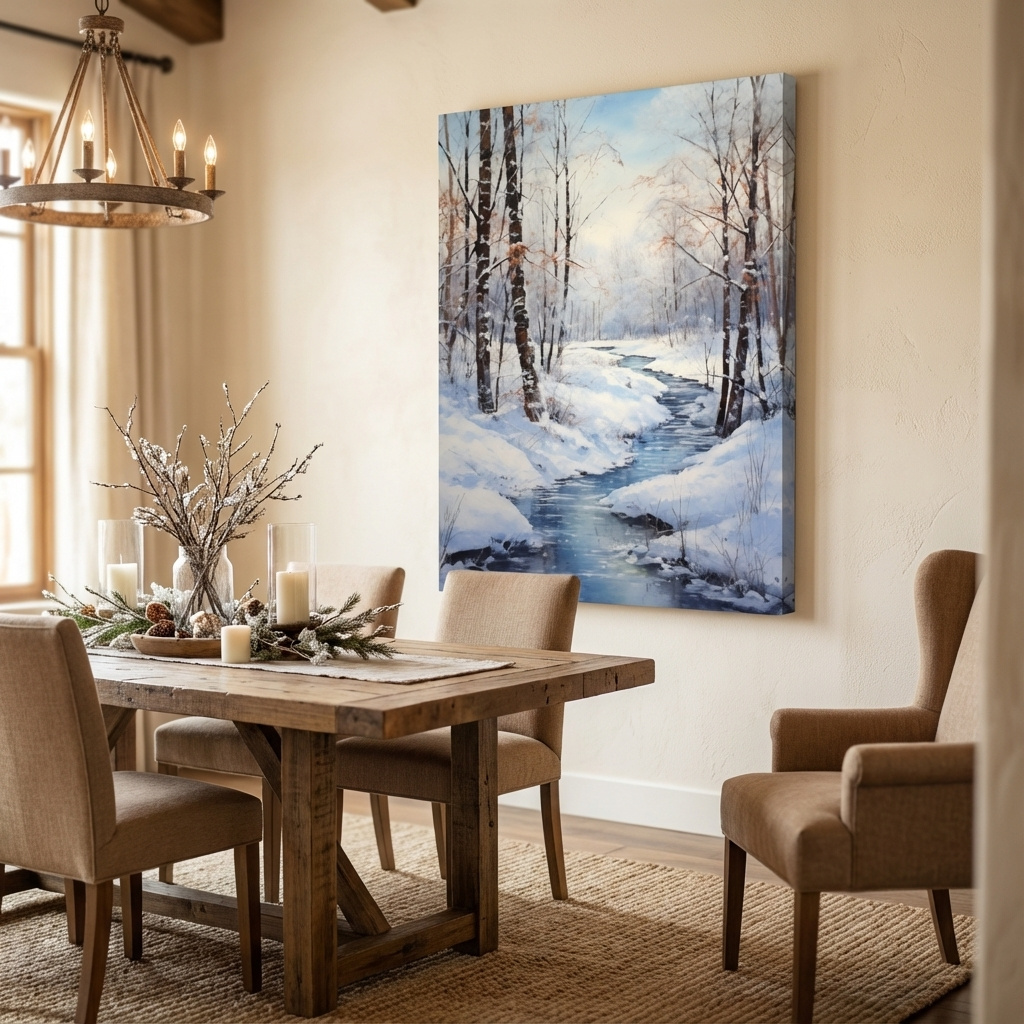 Mockup of Serene Winter River Forest Painting - Snowy Woodland Wall Art