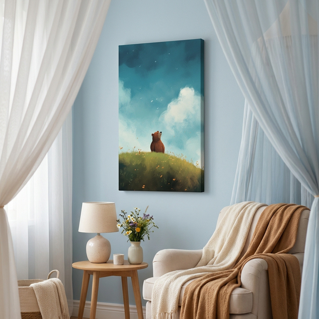 Mockup of Whimsical Bear Cub Meadow Illustration - Cute Woodland Nursery Wall Art