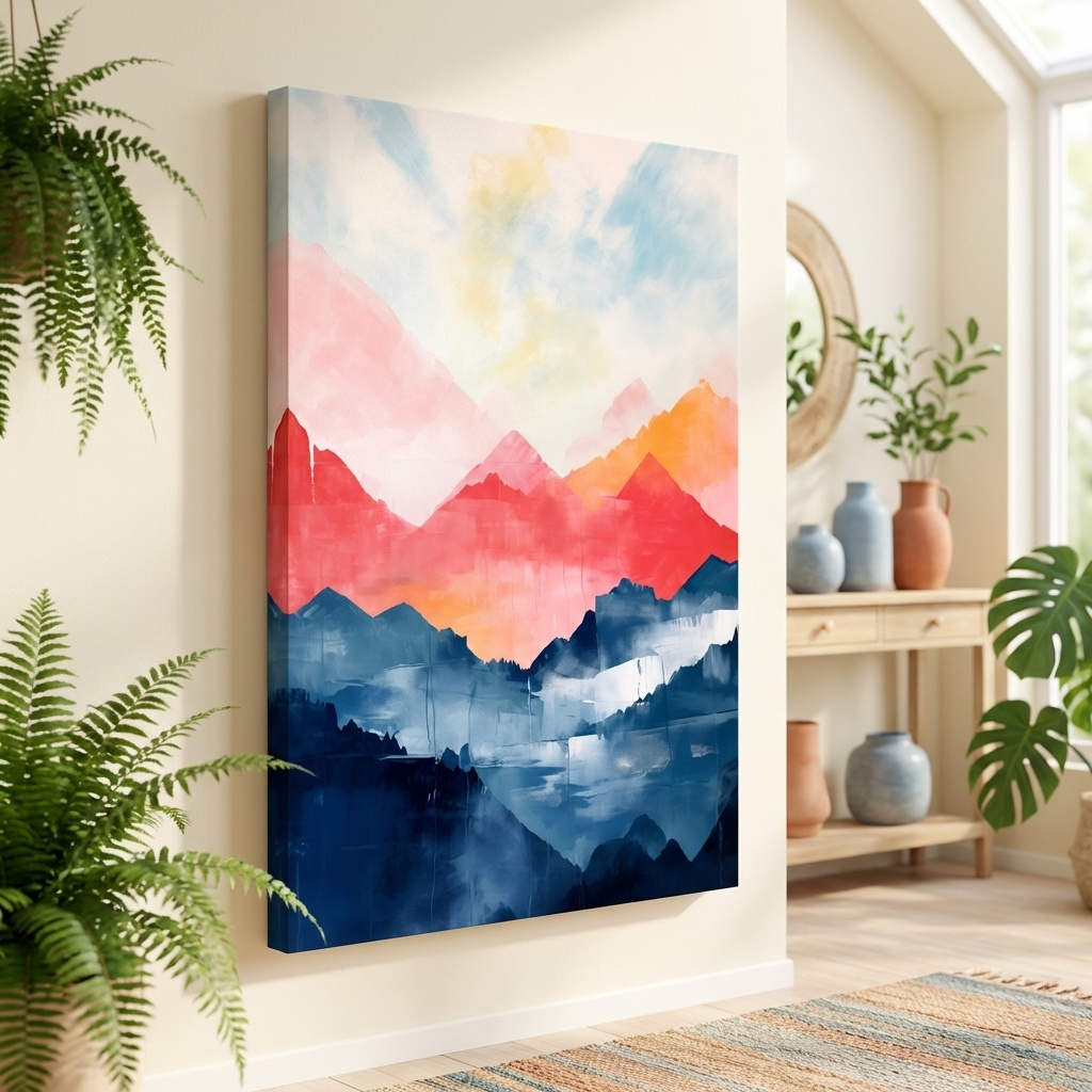 Mockup of Colorful Abstract Mountain Sunrise Watercolor - Vibrant Pastel Landscape Wall Art