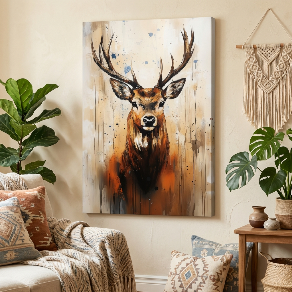 Mockup of Impasto Style Deer Stag Portrait - Rustic Wildlife Wall Art
