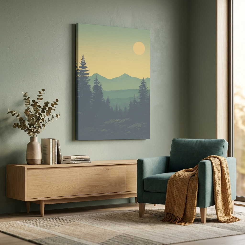 Mockup of Minimalist Hazy Mountain Sunrise Landscape - Serene Alpine Forest Wall Art