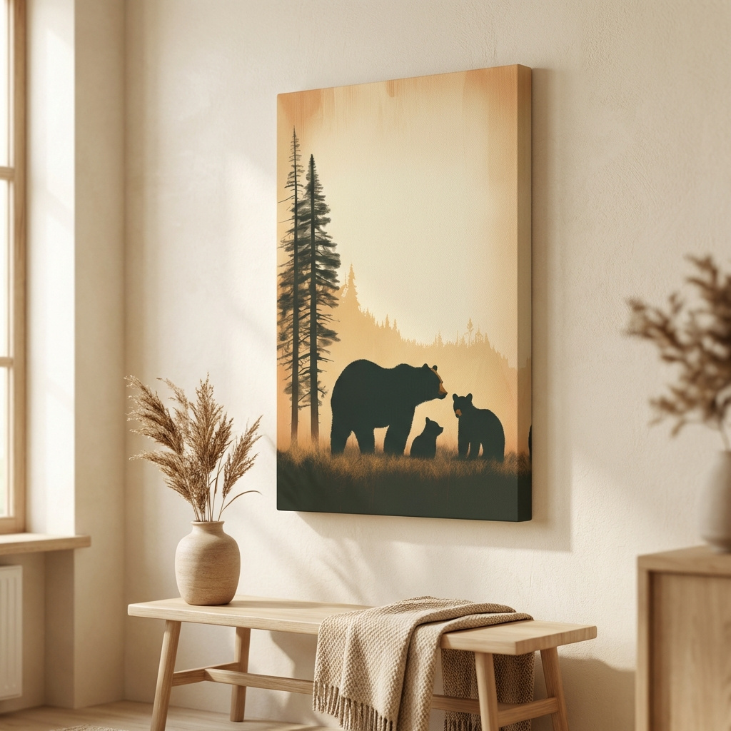 Mockup of Bear Family Forest Silhouette Illustration - Minimalist Wildlife Artwork