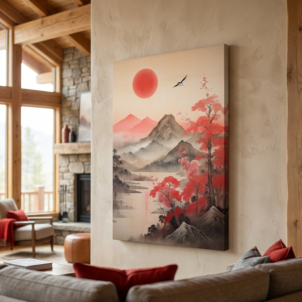 Mockup of Japanese Ink Wash Mountain Sunrise - Sakura Cherry Blossom Wall Art