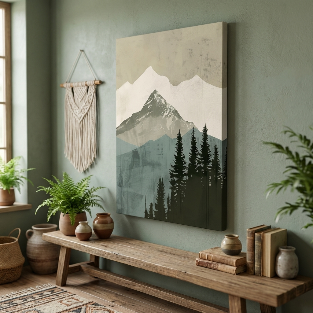 Mockup of Scandinavian Mountain Peak And Pine Forest Artwork - Minimalist Landscape Wall Art