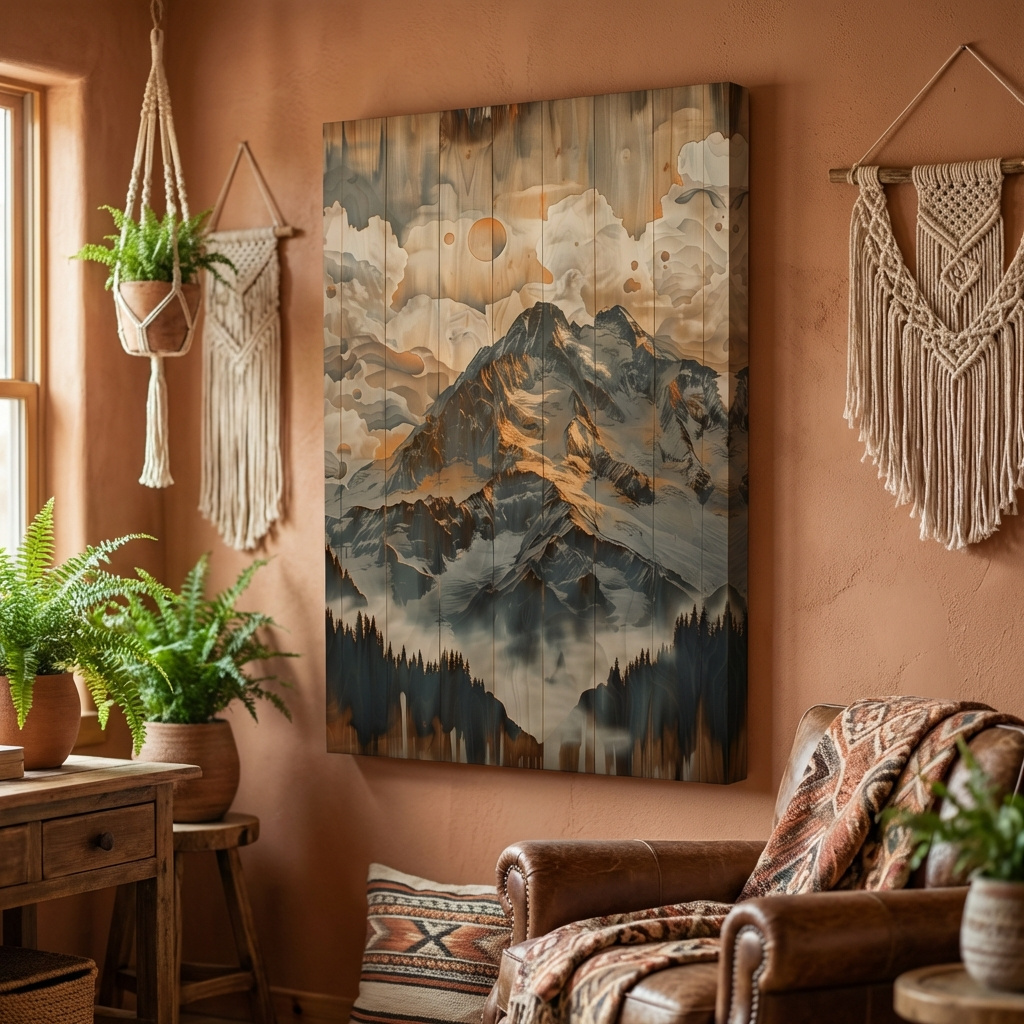 Mockup of Rustic Glacier Mountain Range Artwork - Vintage Wood Grain Alpine Wall Art