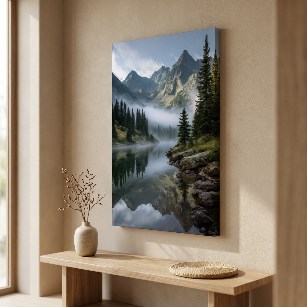 Mockup of Misty Alpine Lake Photography - Serene Mountain Forest Wall Art
