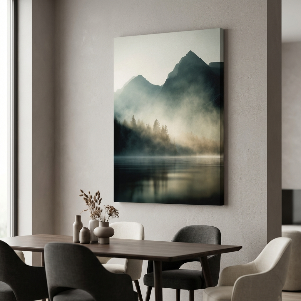 Mockup of Moody Misty Mountain Lake Landscape - Serene Foggy Pine Forest Wall Art